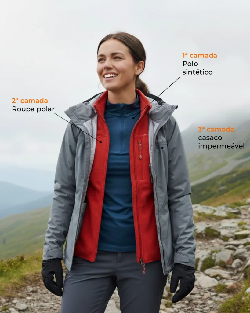 Mulher caminhante sorrindo na Trilha Inca usando as 3 camadas de roupa