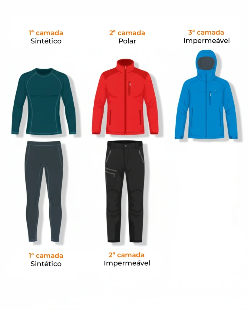 Exposição de roupas em camadas na montanha