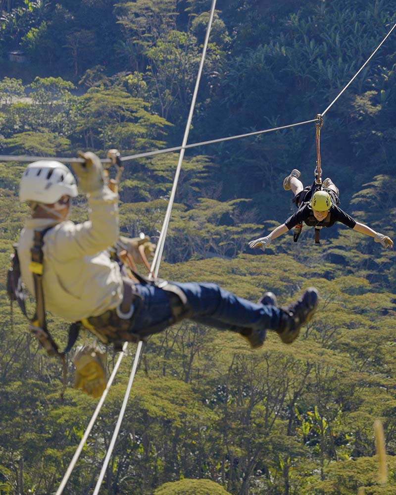 turistas praticando tirolesa na trilha da selva inca