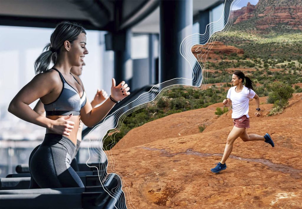 Comparação mulheres treinando na academia e nas montanhas