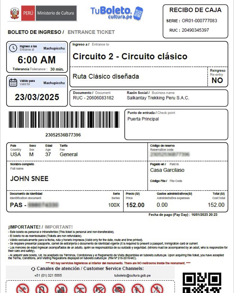Bilhete de ingresso em Machu Picchu