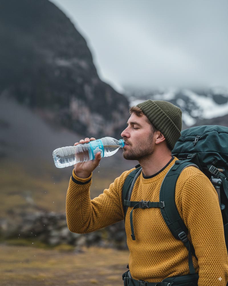 Turista bebendo água na cordilheira dos Andes
