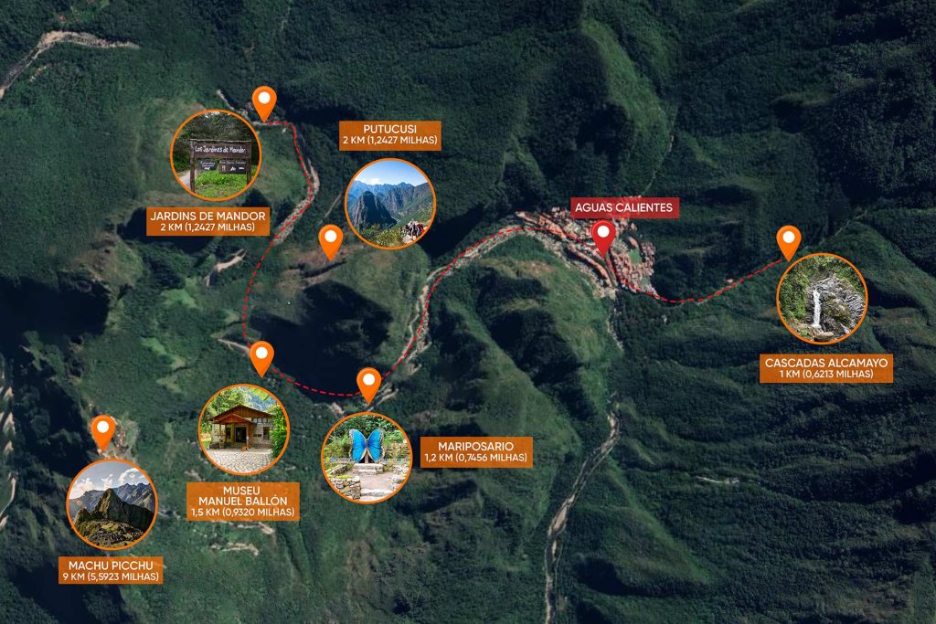Mapa dos locais que você pode visitar nos arredores de Aguas Calientes
