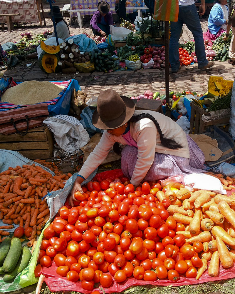 woman selling Peruvian ingredients at a market in Cusco