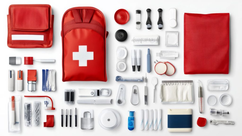 Kit básico de primeiros socorros contendo suprimentos médicos essenciais para estar preparado para emergências em casa, no escritório ou durante viagens.