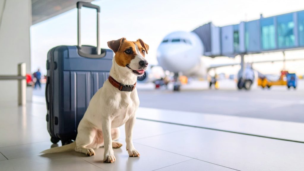 Cachorro pequeno sentado ao lado de uma mala de viagem e uma caixa de transporte certificada.