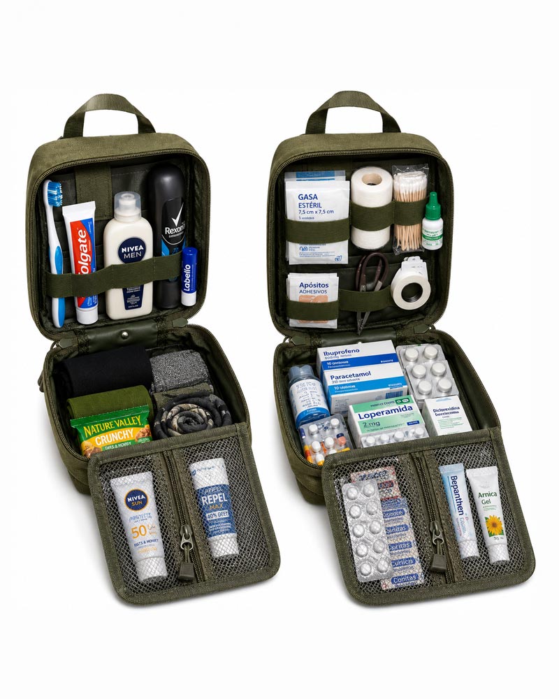 Um kit de primeiros socorros básico e bem equipado.