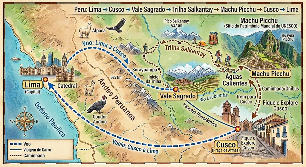 Um casal de turistas olhando um mapa e tirando fotos durante sua viagem ao Peru.