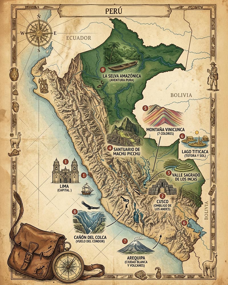 Mapa dos melhores Lugares para Visitar no Peru