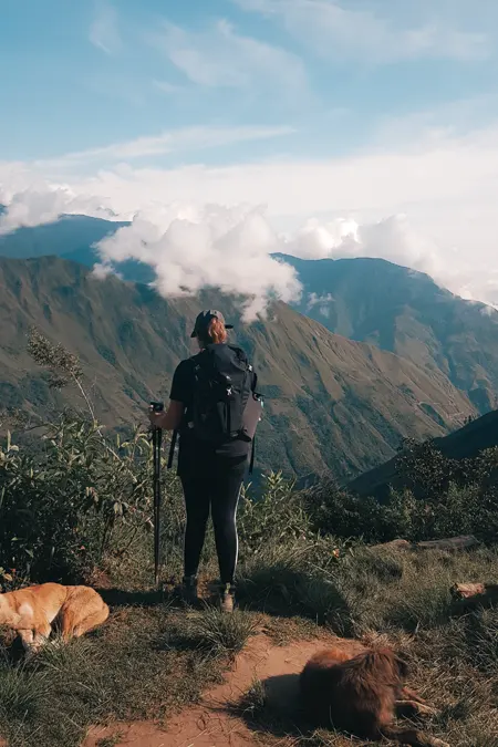 Turista com bastões de caminhada olhando para as verdes montanhas andinas